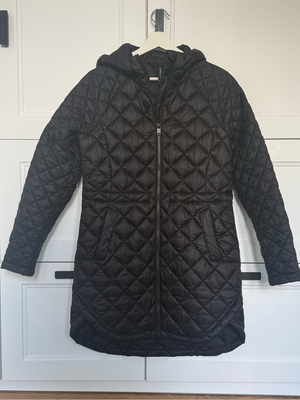 Athleta Black Quilted Hooded Long Puffer Coat
